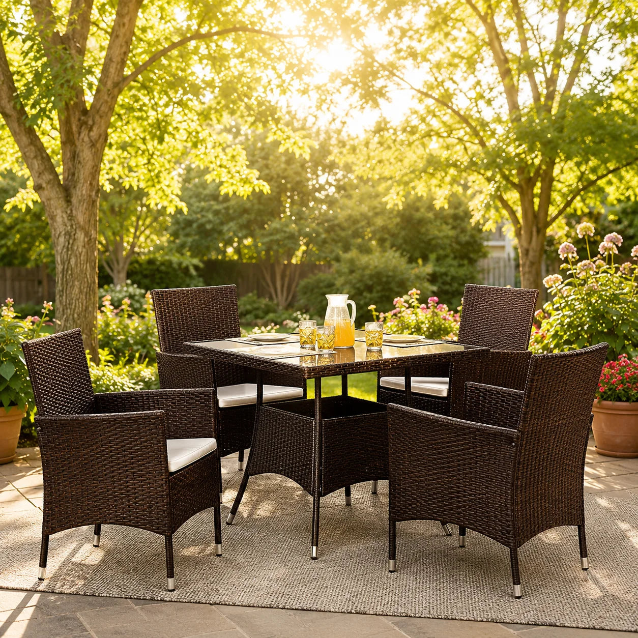 5-Piece Rattan Patio Dining Set – Brown Wicker Chairs & Glass-Top Table – Outdoor Garden Furniture for 4