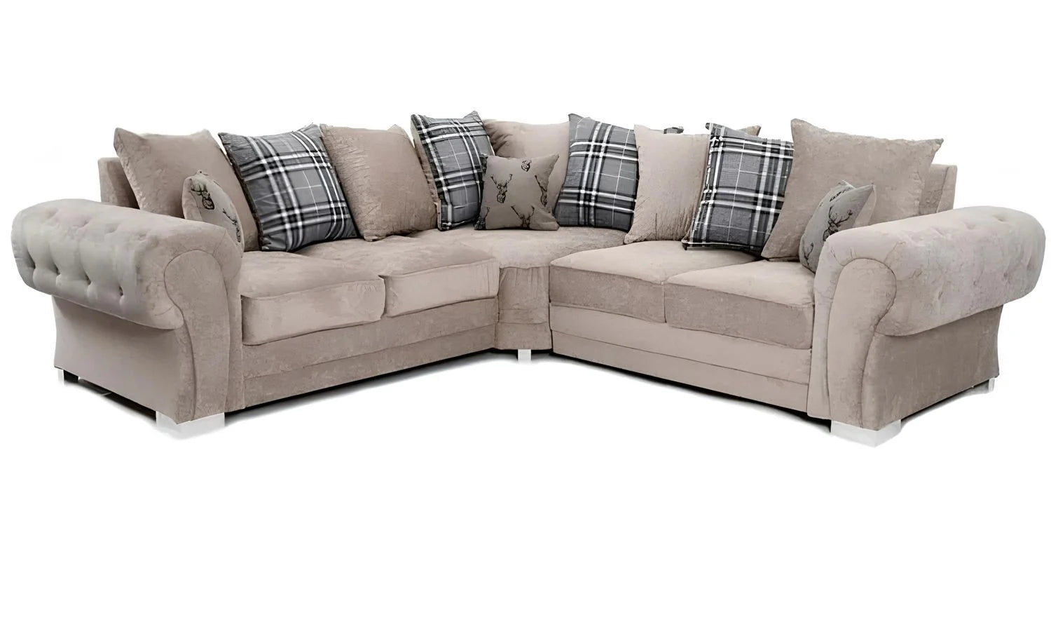Verona Chenille Corner Sofa – Scroll Arm Tufted Design, 2 & 3 Seater, Chrome Legs