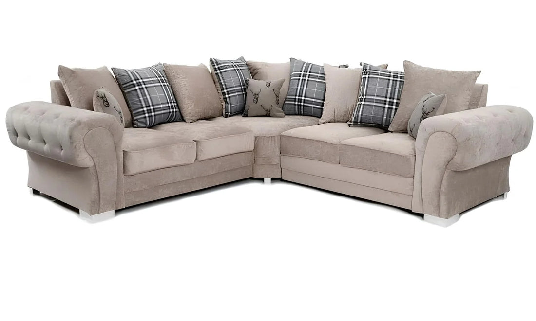 Verona Chenille Corner Sofa – Scroll Arm Tufted Design, 2 & 3 Seater, Chrome Legs