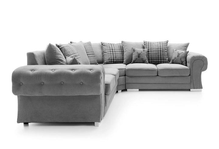 Verona Chenille Corner Sofa – Scroll Arm Tufted Design, 2 & 3 Seater, Chrome Legs