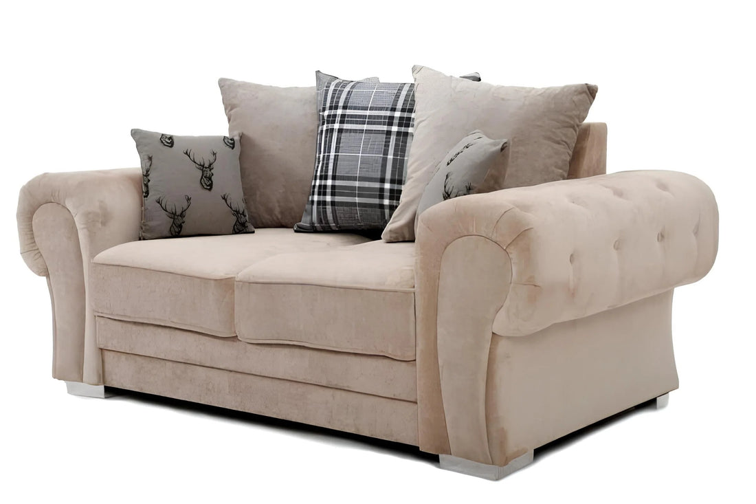 Verona Chenille Corner Sofa – Scroll Arm Tufted Design, 2 & 3 Seater, Chrome Legs