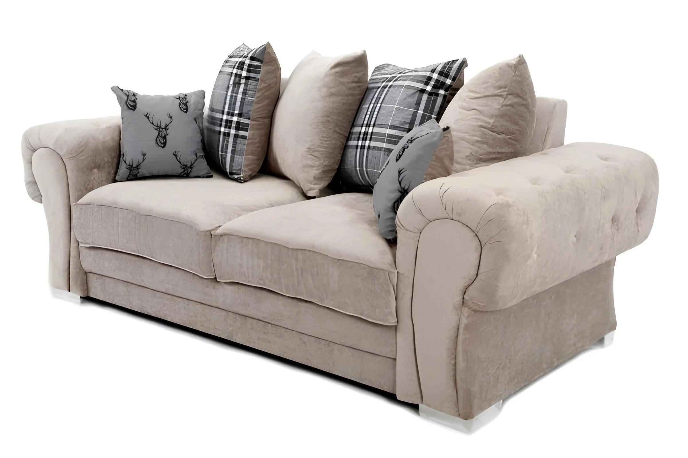 Verona Chenille Corner Sofa – Scroll Arm Tufted Design, 2 & 3 Seater, Chrome Legs