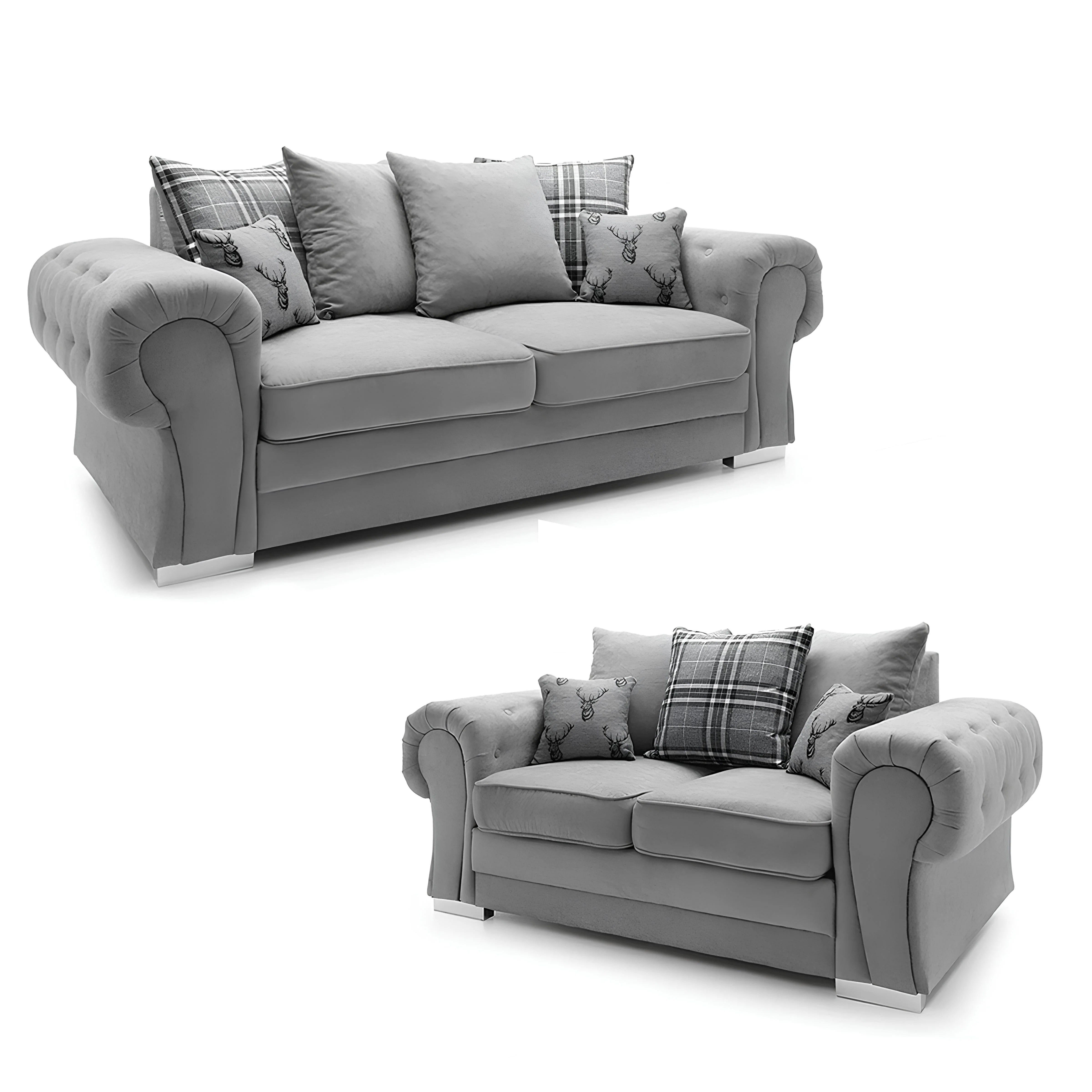 Verona Chenille Corner Sofa – Scroll Arm Tufted Design, 2 & 3 Seater, Chrome Legs