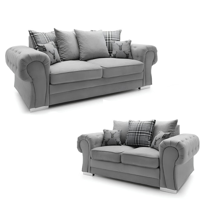 Verona Chenille Corner Sofa – Scroll Arm Tufted Design, 2 & 3 Seater, Chrome Legs
