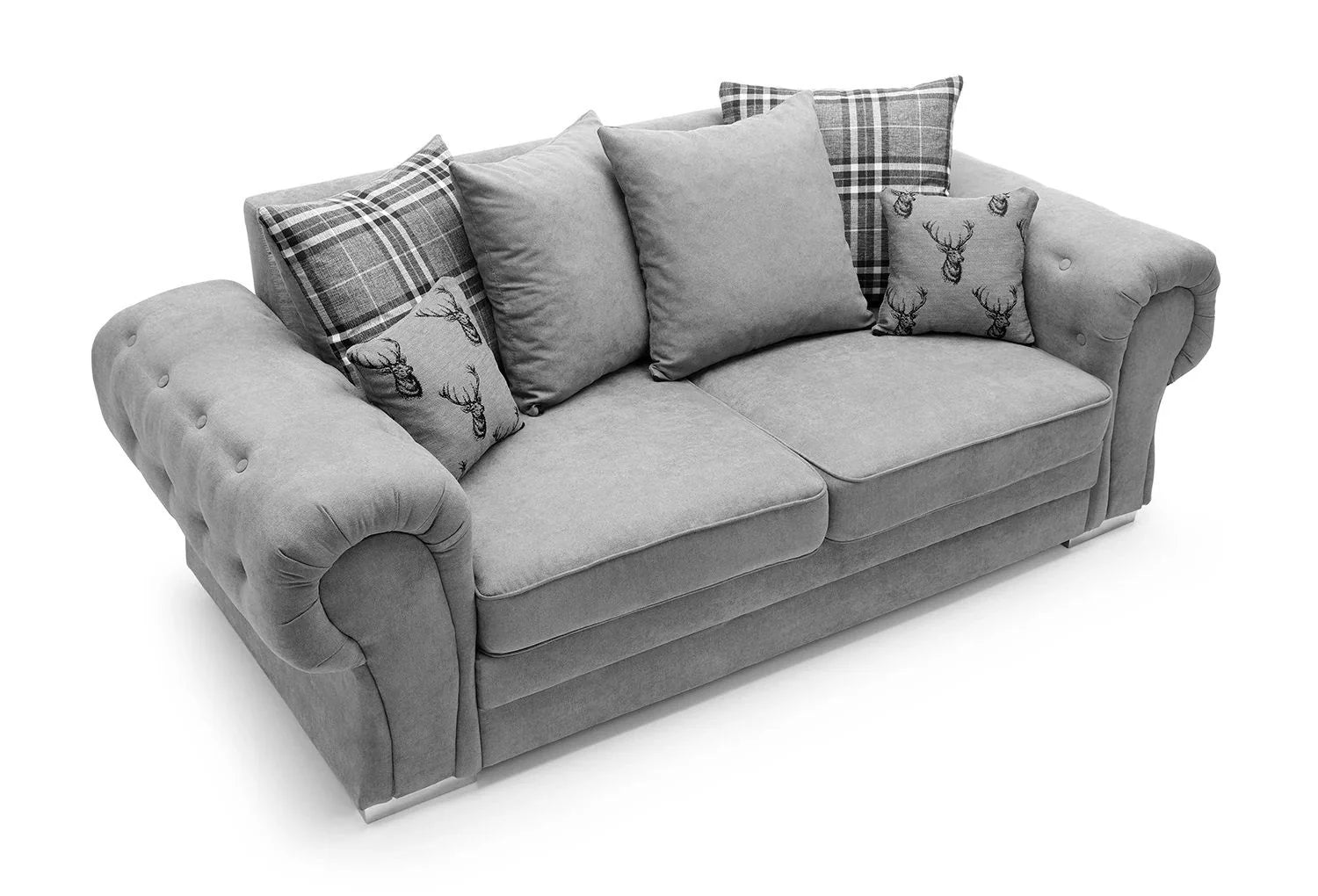 Verona Chenille Corner Sofa – Scroll Arm Tufted Design, 2 & 3 Seater, Chrome Legs