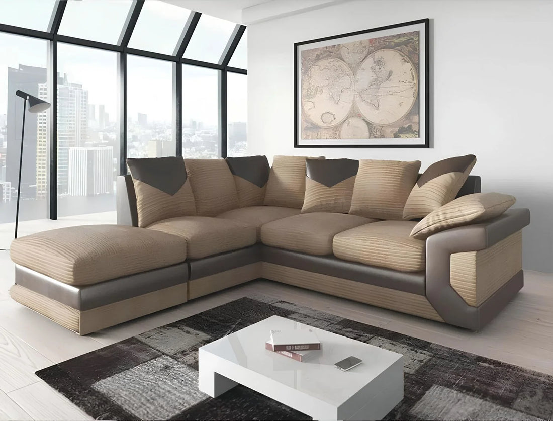 Dino Cord Fabric Corner Sofa with Footstool – 2, 3 Seater or Corner, Soft Corduroy Couch with Bed Option