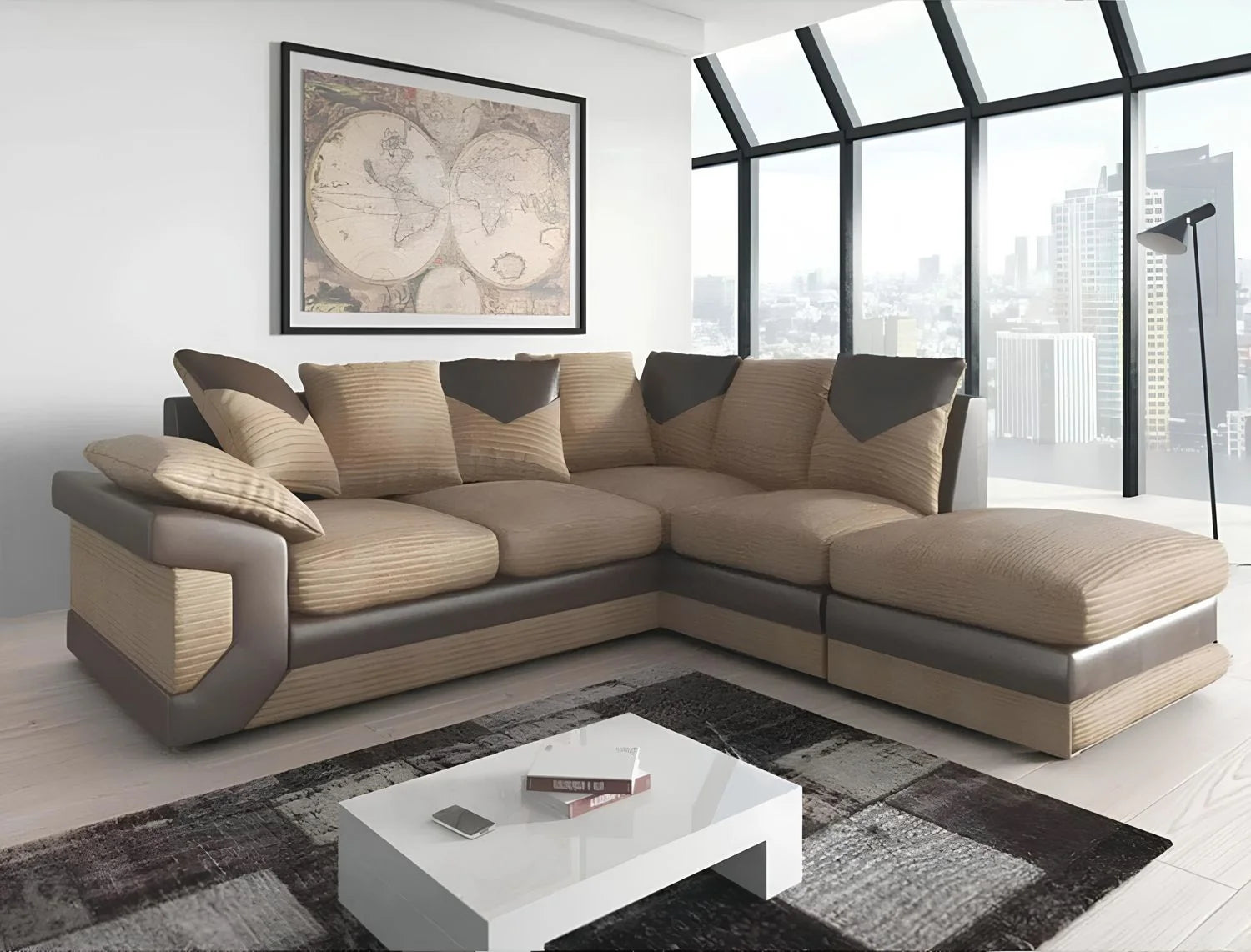 Dino Cord Fabric Corner Sofa with Footstool – 2, 3 Seater or Corner, Soft Corduroy Couch with Bed Option