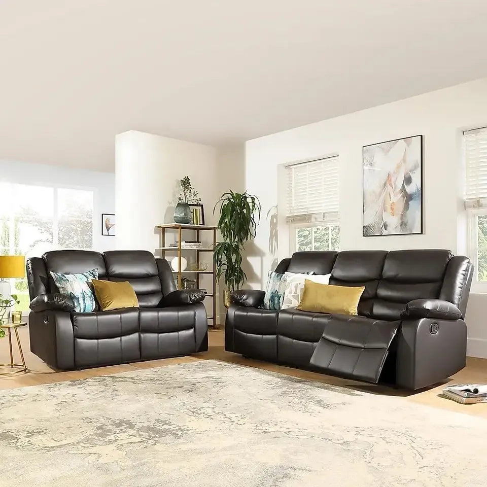 Roma Recliner Sofa Set 3+2+1 – Air Leather Reclining Sofas with Cup Holders, Black or Brown