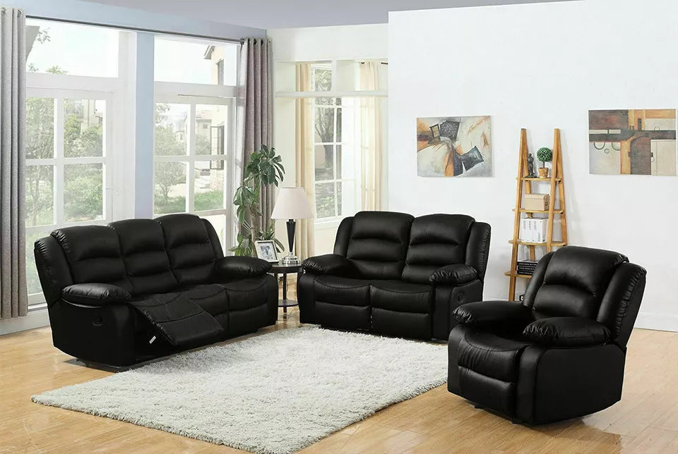 Roma Recliner Sofa Set 3+2+1 – Air Leather Reclining Sofas with Cup Holders, Black or Brown