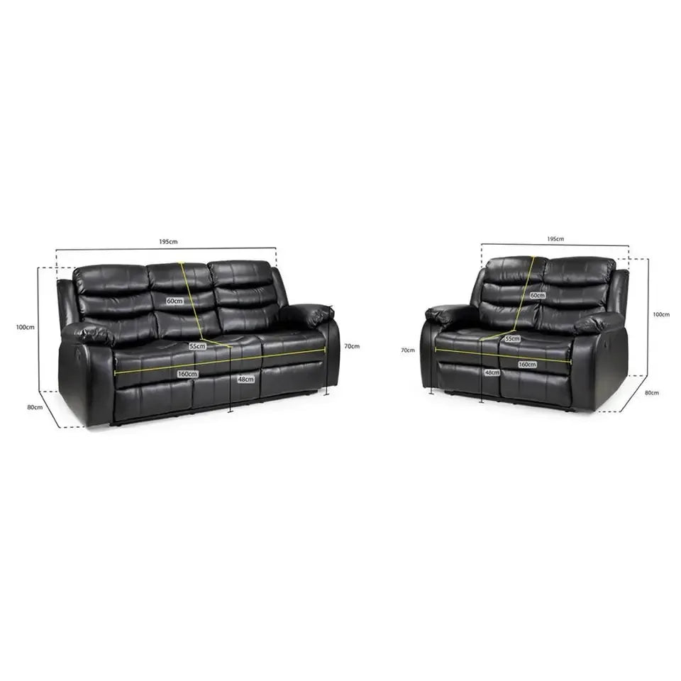 Roma Recliner Sofa Set 3+2+1 – Air Leather Reclining Sofas with Cup Holders, Black or Brown