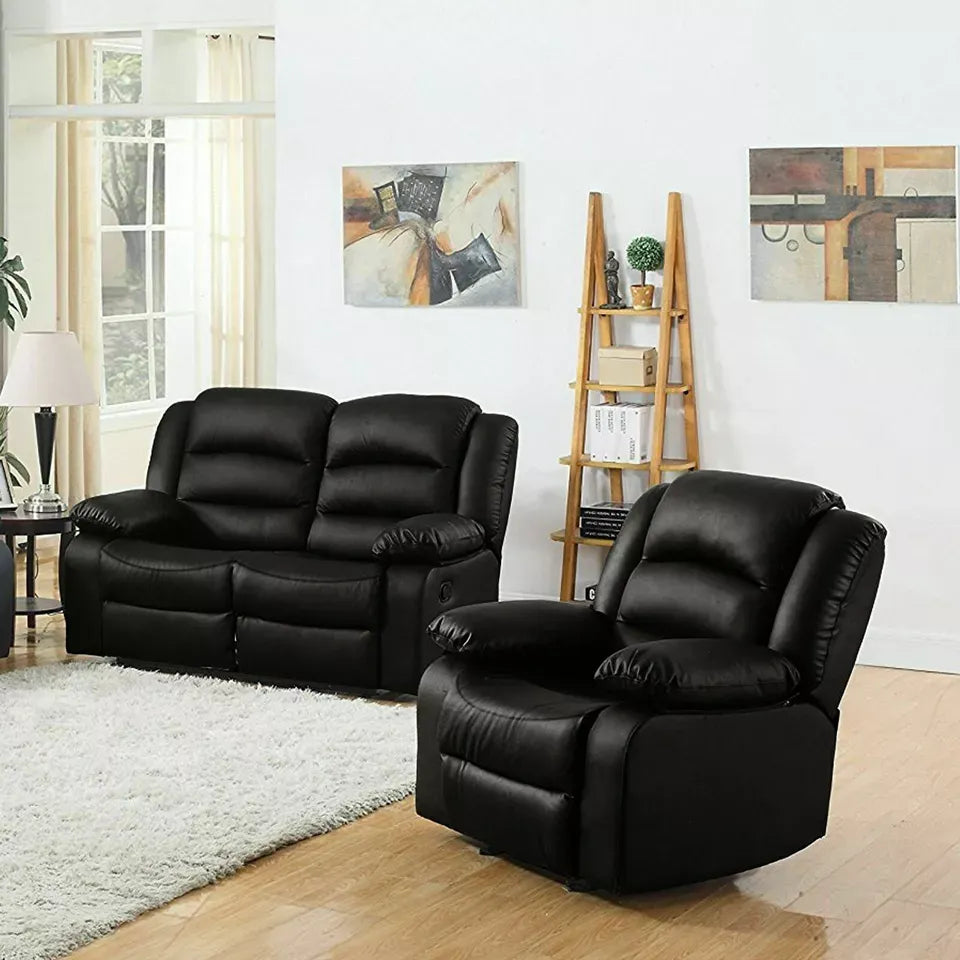 Roma Recliner Sofa Set 3+2+1 – Air Leather Reclining Sofas with Cup Holders, Black or Brown