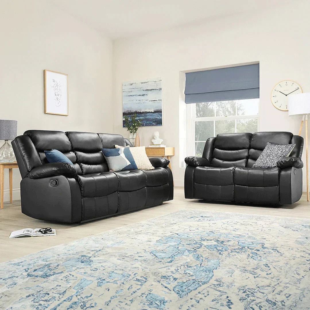 Roma Recliner Sofa Set 3+2+1 – Air Leather Reclining Sofas with Cup Holders, Black or Brown