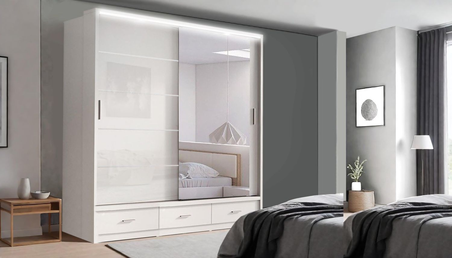 High Gloss Sliding Mirrored Door Wardrobe - Florence 205 cm