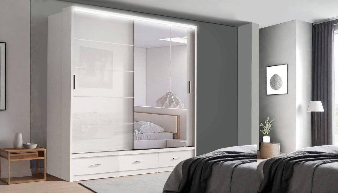 High Gloss Sliding Mirrored Door Wardrobe - Florence 205 cm