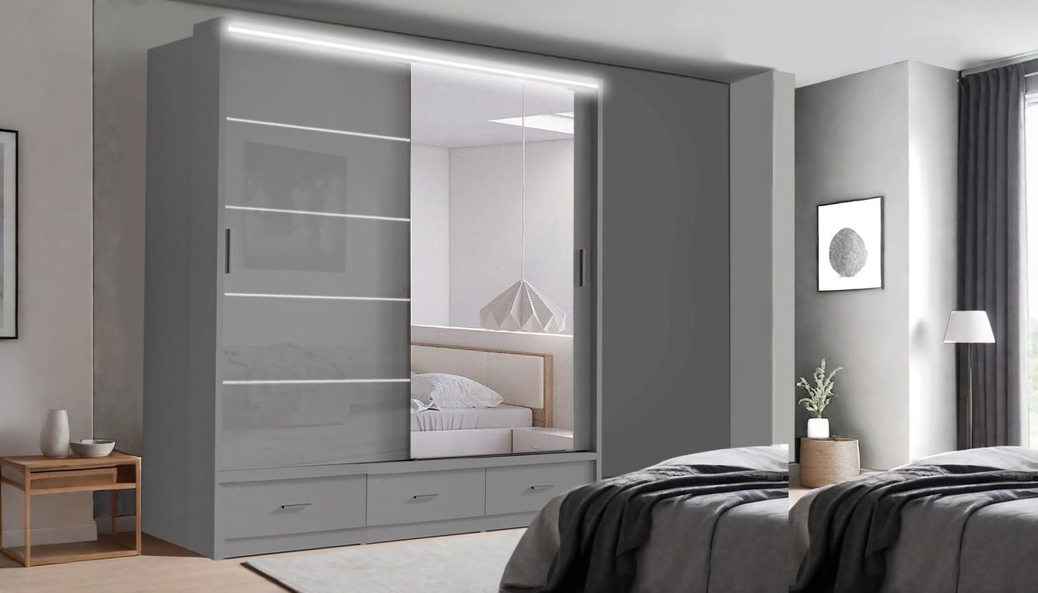 High Gloss Sliding Mirrored Door Wardrobe - Florence 205 cm