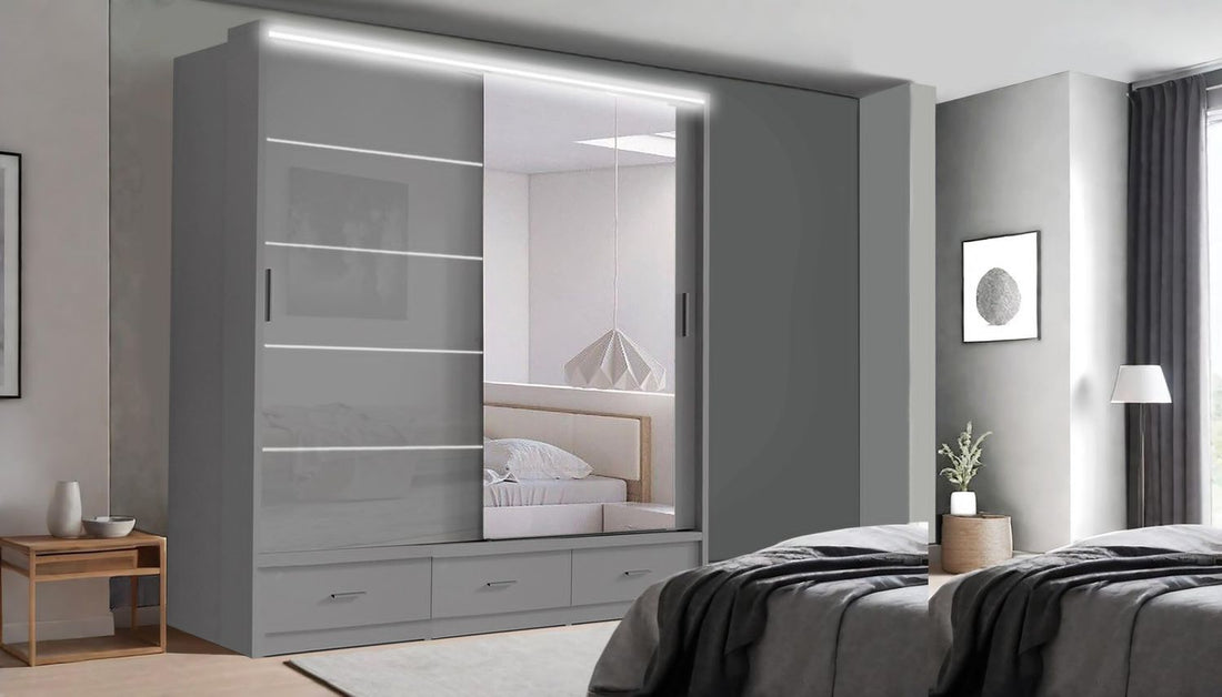 High Gloss Sliding Mirrored Door Wardrobe - Florence 205 cm
