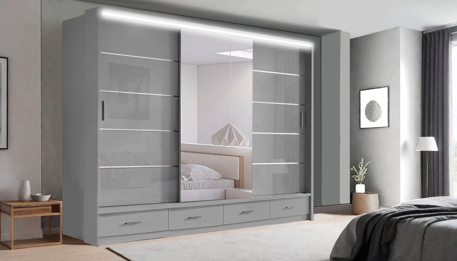 High Gloss Sliding Mirrored Door Wardrobe - Florence 255 cm