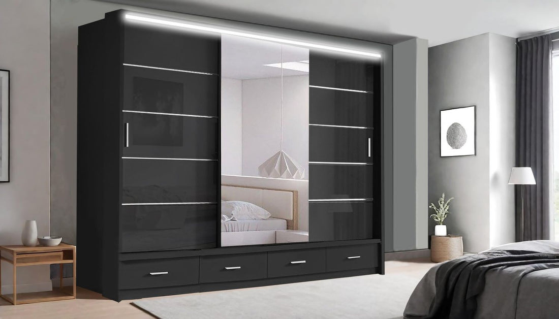 High Gloss Sliding Mirrored Door Wardrobe - Florence 255 cm