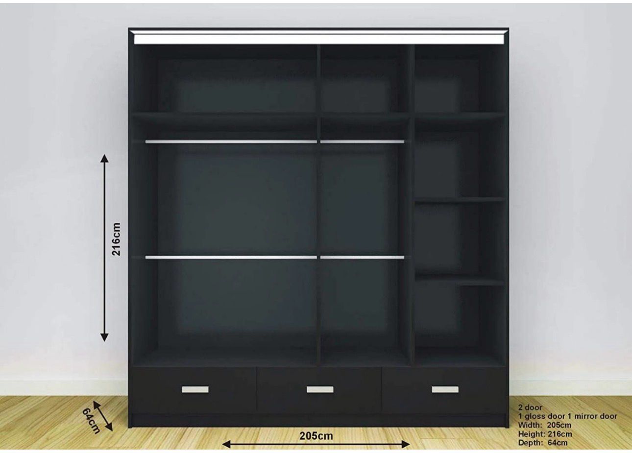 High Gloss Sliding Mirrored Door Wardrobe - Florence 205 cm