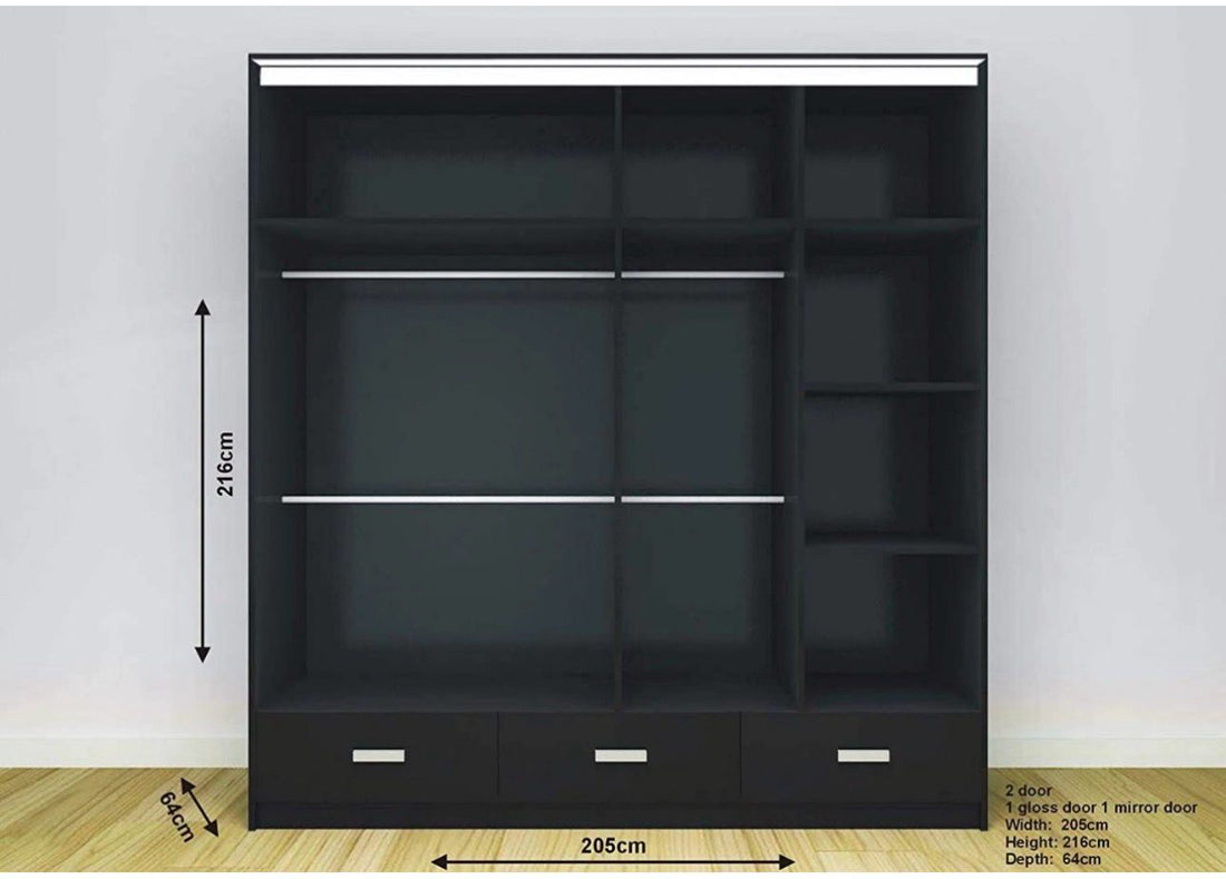 High Gloss Sliding Mirrored Door Wardrobe - Florence 205 cm