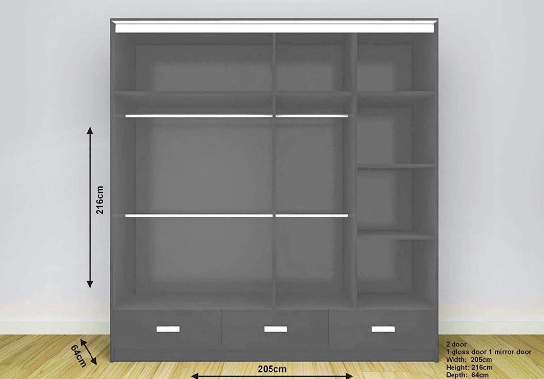 High Gloss Sliding Mirrored Door Wardrobe - Florence 205 cm