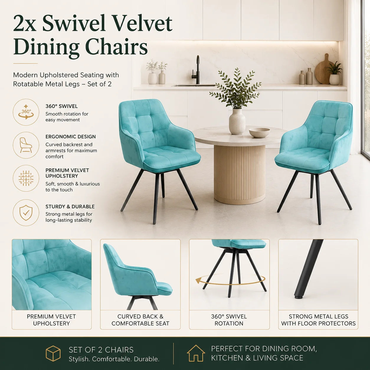 2x Swivel Velvet Dining Chairs – Modern Upholstered Seating with Rotatable Metal Legs – Set of 2