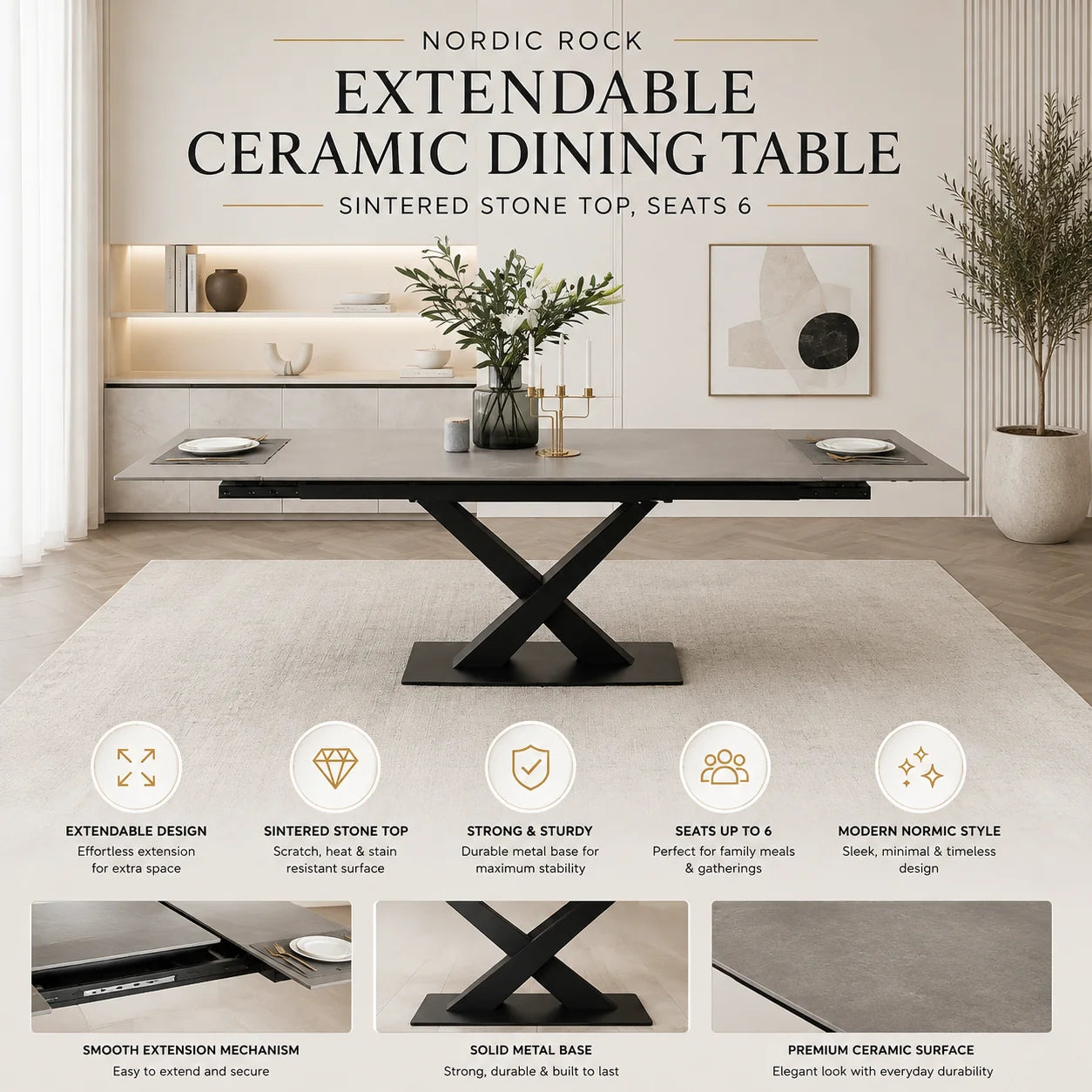 Nordic Rock Extendable Ceramic Dining Table – Sintered Stone Top, Seats 6, Modern Dining Table