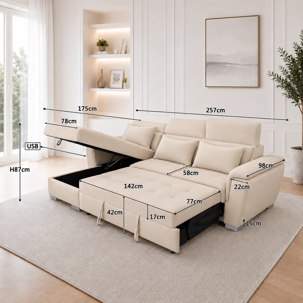 Antonio Velvet Corner Sofa Bed with Storage & USB – Double Sleeper, Universal Left/Right