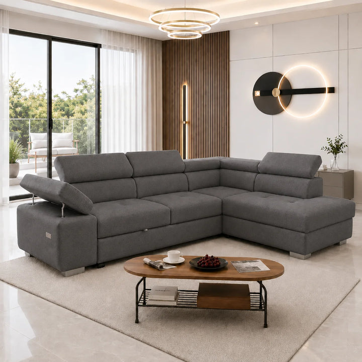 ARTIC Corner Sofa Bed with Storage & USB – Pull-Out Double Bed, Adjustable Headrests