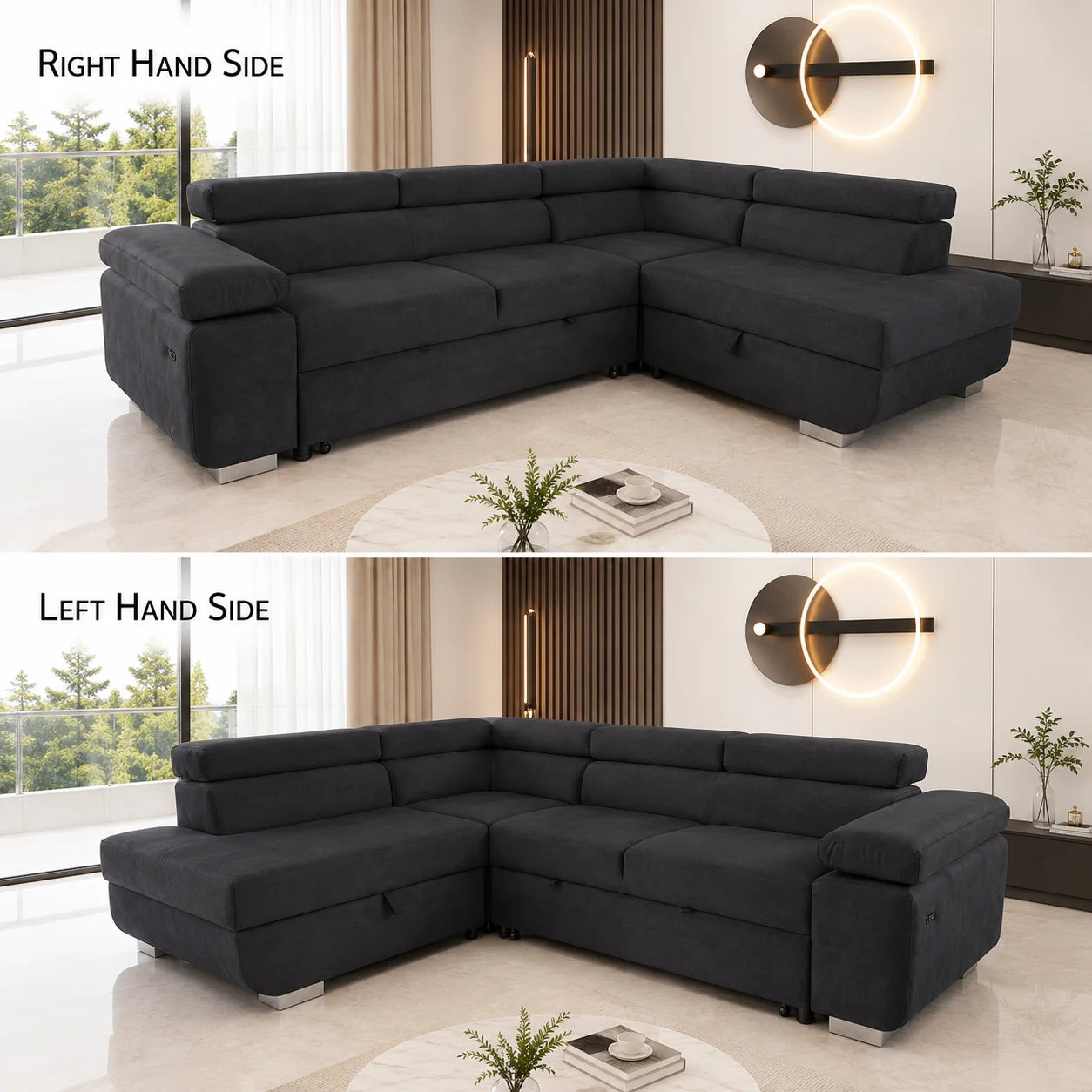ARTIC Corner Sofa Bed with Storage & USB – Pull-Out Double Bed, Adjustable Headrests