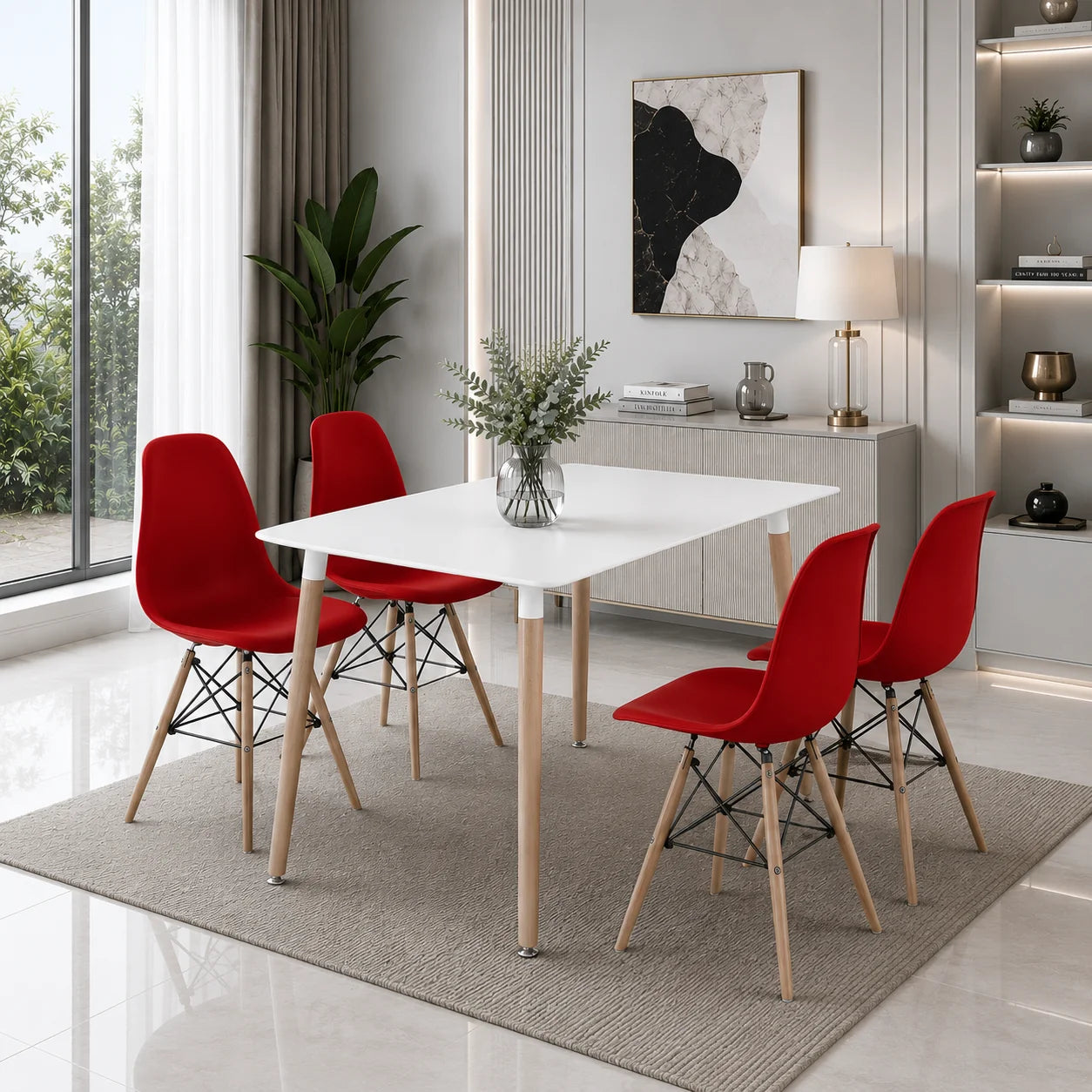 Modern 5 Piece Dining Table and Chairs Set – White Table with Wooden Legs, 4 Chairs, Seats 4