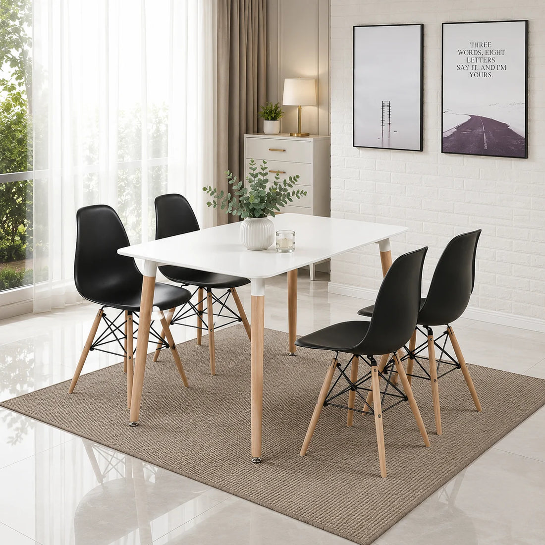 Modern 5 Piece Dining Table and Chairs Set – White Table with Wooden Legs, 4 Chairs, Seats 4