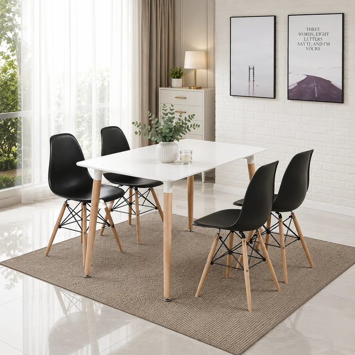 Modern 5 Piece Dining Table and Chairs Set – White Table with Wooden Legs, 4 Chairs, Seats 4