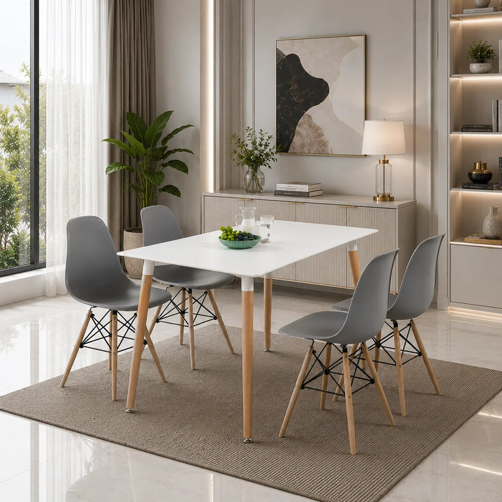 Modern 5 Piece Dining Table and Chairs Set – White Table with Wooden Legs, 4 Chairs, Seats 4