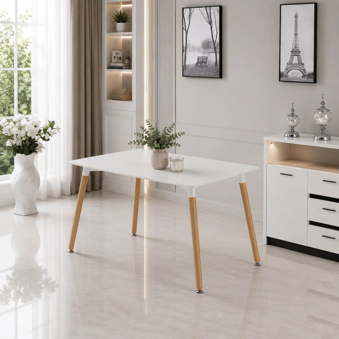Modern 5 Piece Dining Table and Chairs Set – White Table with Wooden Legs, 4 Chairs, Seats 4