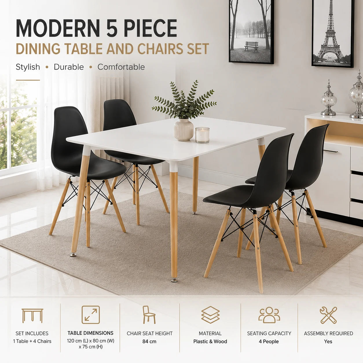 Modern 5 Piece Dining Table and Chairs Set – White Table with Wooden Legs, 4 Chairs, Seats 4