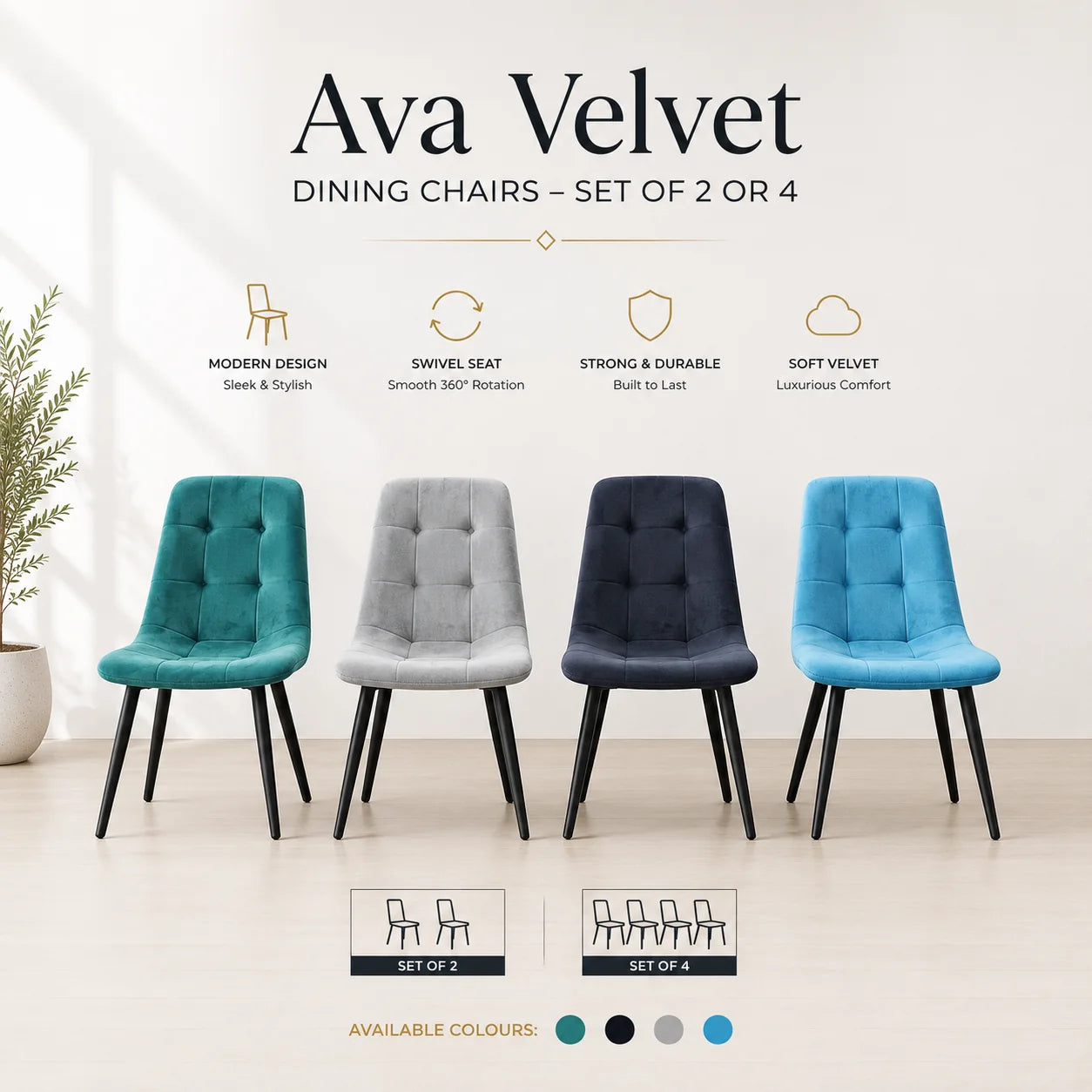 Ava Velvet Dining Chairs – Set of 2 or 4, Swivel Upholstered Chairs with Metal Legs, Modern Design