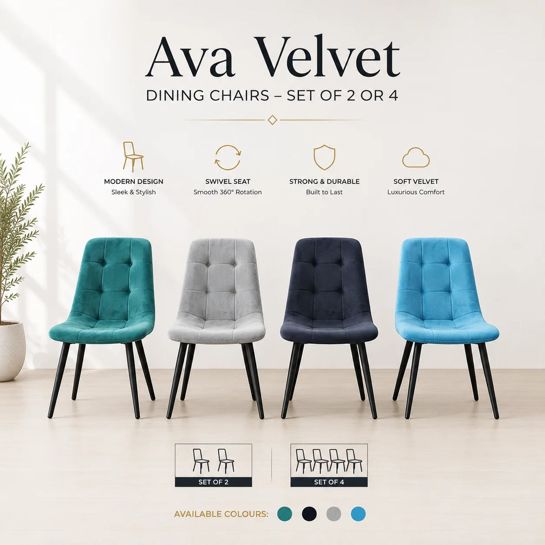 Ava Velvet Dining Chairs – Set of 2 or 4, Swivel Upholstered Chairs with Metal Legs, Modern Design