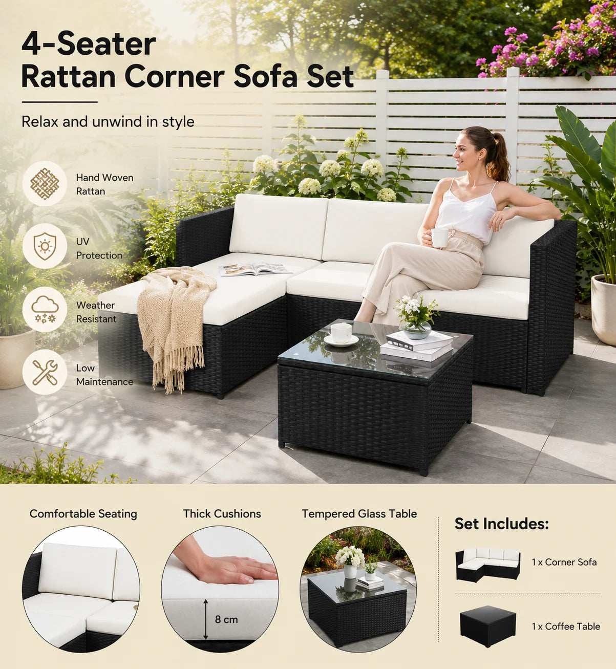 4-Seater Rattan Corner Sofa Set with Glass Coffee Table – Outdoor Garden Patio Furniture