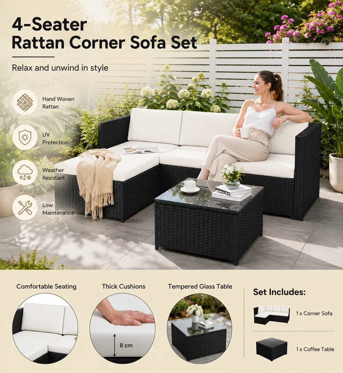 4-Seater Rattan Corner Sofa Set with Glass Coffee Table – Outdoor Garden Patio Furniture