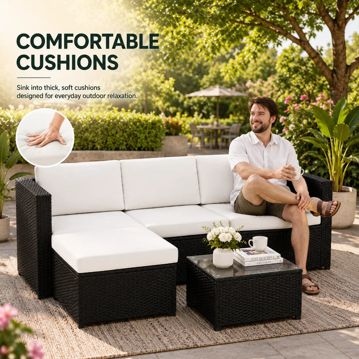 4-Seater Rattan Corner Sofa Set with Glass Coffee Table – Outdoor Garden Patio Furniture