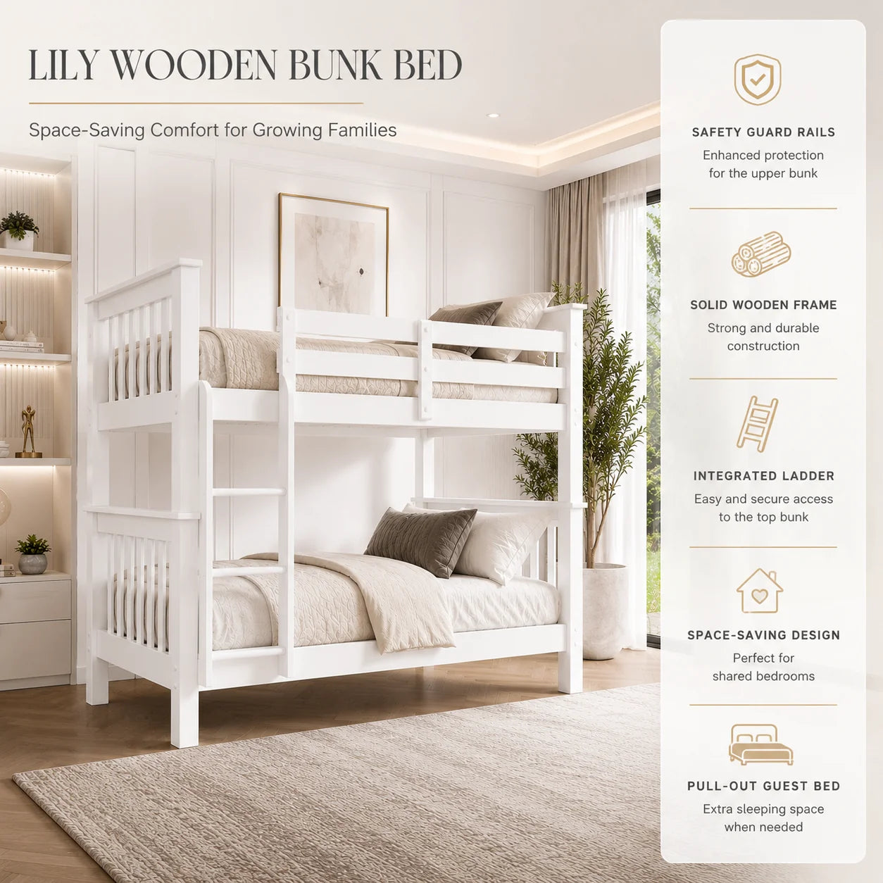 Lily Wooden Bunk Bed with Guest Bed – Solid Pine Space-Saving Frame – Kids Bedroom Furniture