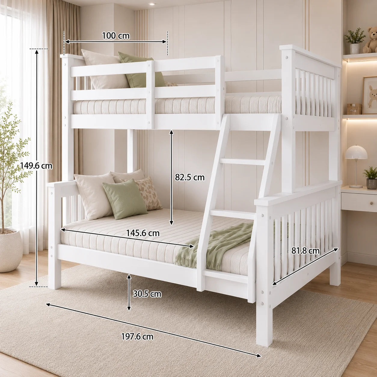 Lily Wooden Trio Bunk Bed with Guest bed – Space-Saving Solid Pine Frame – Optional Storage Drawers
