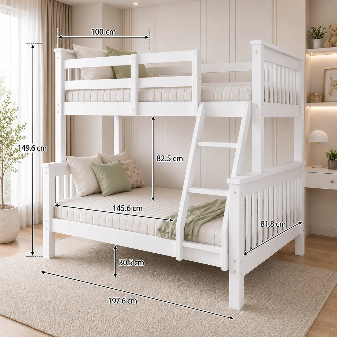 Lily Wooden Trio Bunk Bed with Guest bed – Space-Saving Solid Pine Frame – Optional Storage Drawers