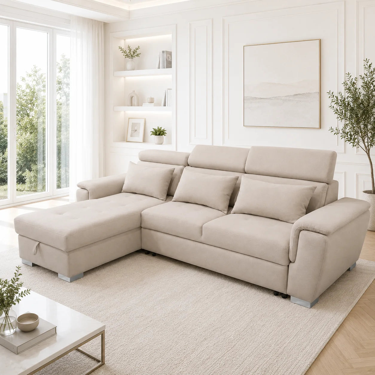 Antonio Velvet Corner Sofa Bed with Storage & USB – Double Sleeper, Universal Left/Right