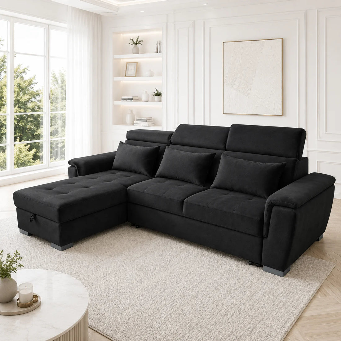 Antonio Velvet Corner Sofa Bed with Storage & USB – Double Sleeper, Universal Left/Right