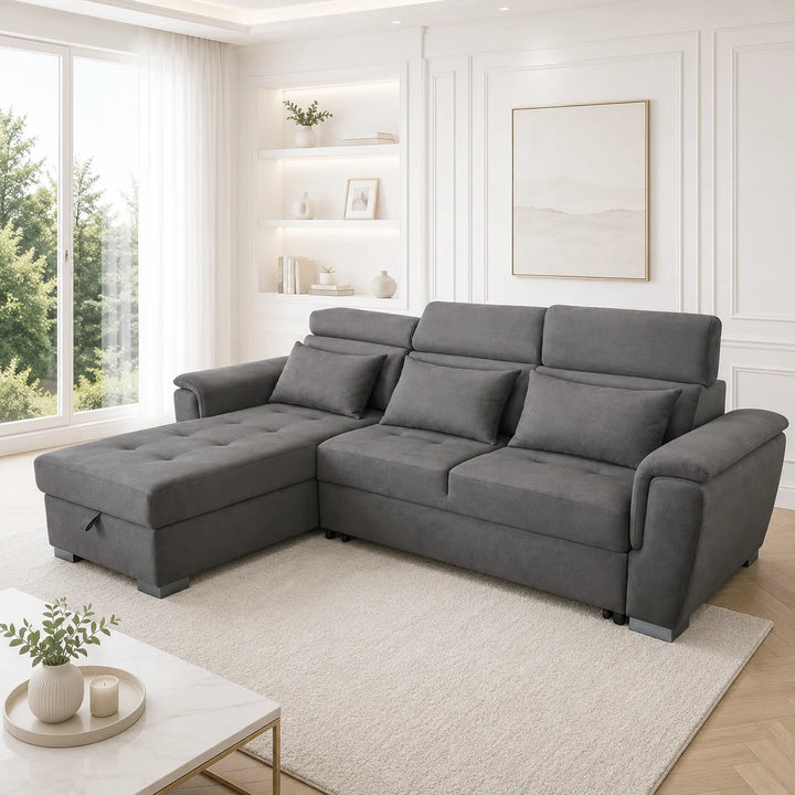 Antonio Velvet Corner Sofa Bed with Storage & USB – Double Sleeper, Universal Left/Right