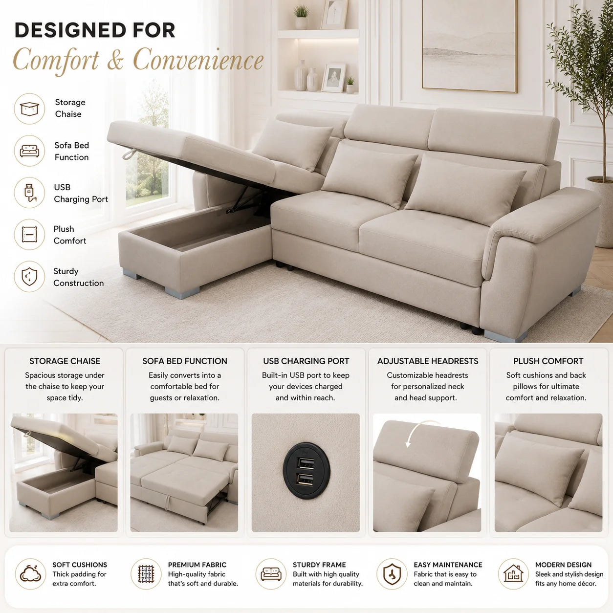 Antonio Velvet Corner Sofa Bed with Storage & USB – Double Sleeper, Universal Left/Right