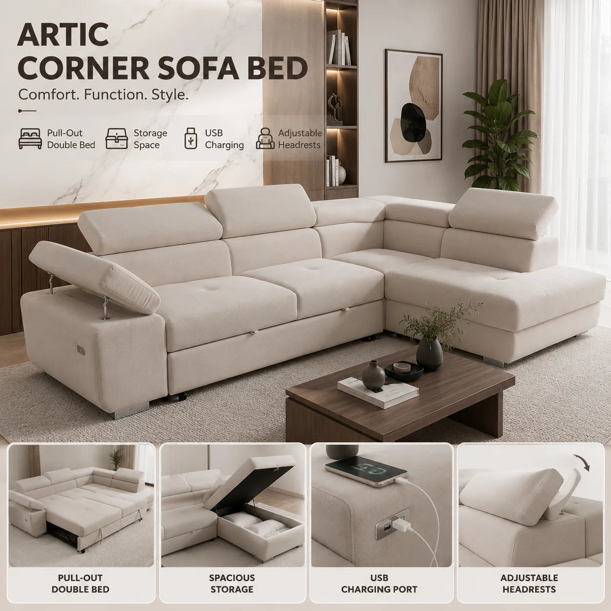 ARTIC Corner Sofa Bed with Storage & USB – Pull-Out Double Bed, Adjustable Headrests