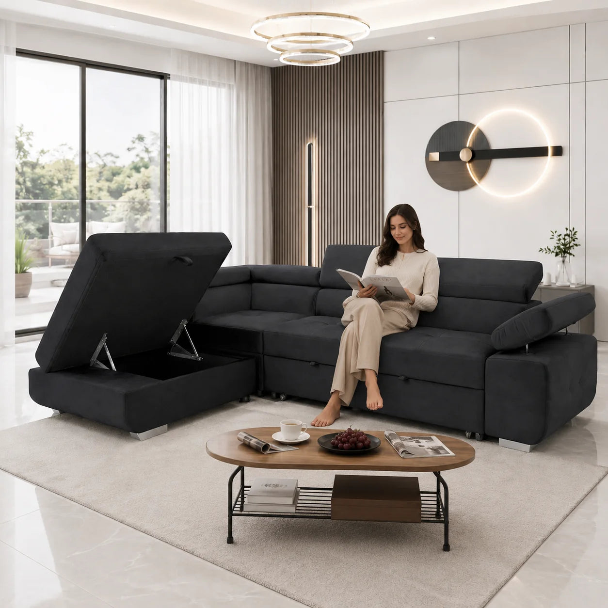 ARTIC Corner Sofa Bed with Storage & USB – Pull-Out Double Bed, Adjustable Headrests
